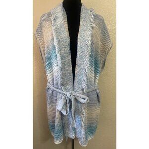 Intermix Knit Fringe Cardigan Blue Beige Open Front Belted Short Sleeve